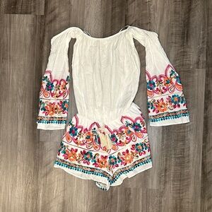 Sage Boho Stitched Floral Off Shoulder Romper - Small